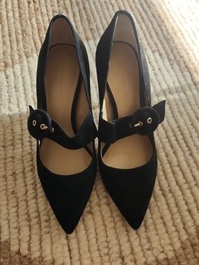 Ann Taylor Black Suede Pointed Mary Jane Heels with Gold Accents